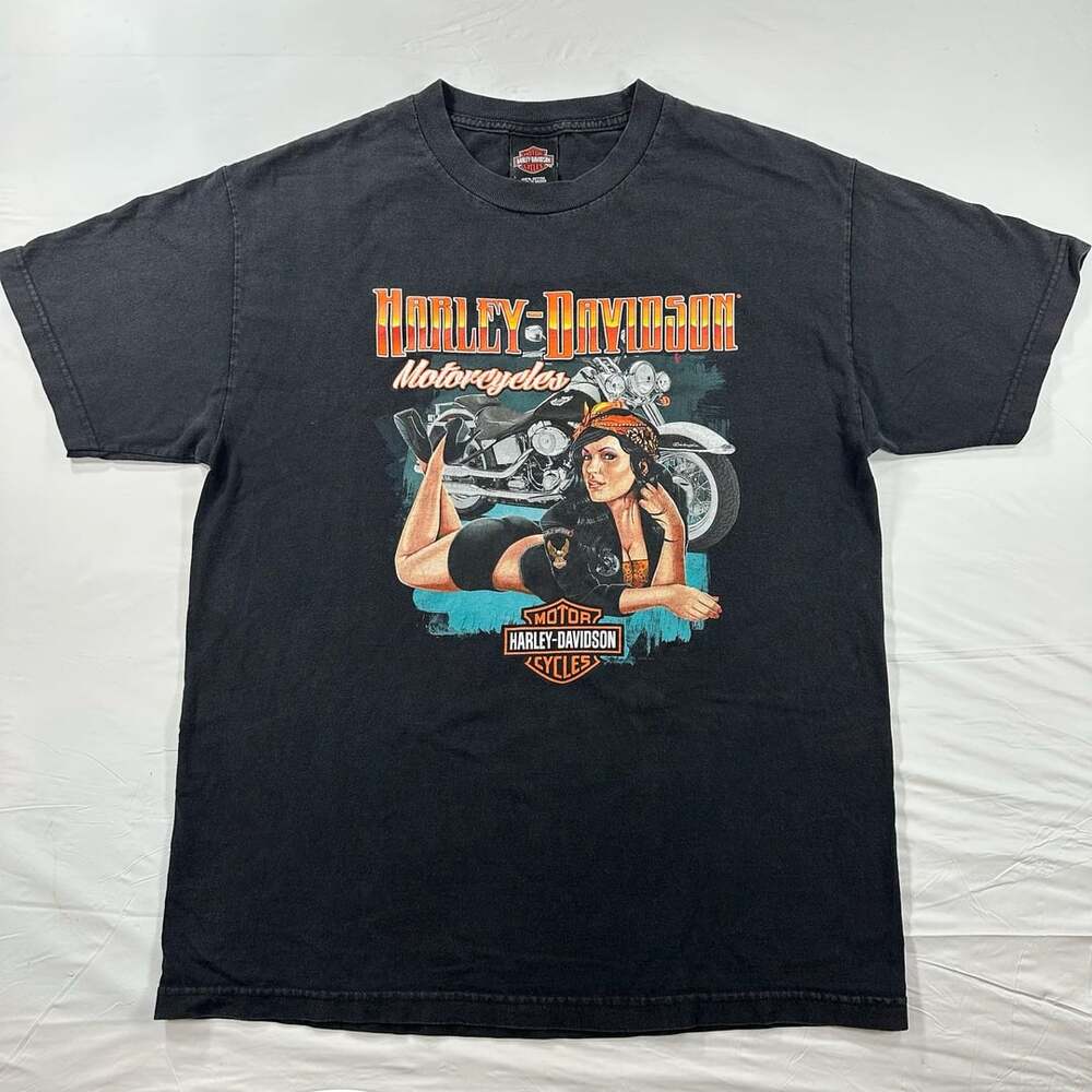 Vintage Harley Davidson Mens Biker Girl Washington DC Graphic Shirt Large Faded